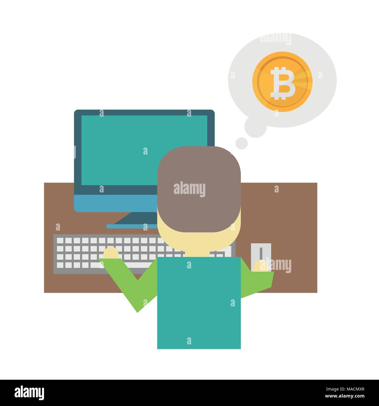 Cartoon Flat Illustration Mining Bitcoin A Young Man Nerd Sits - 